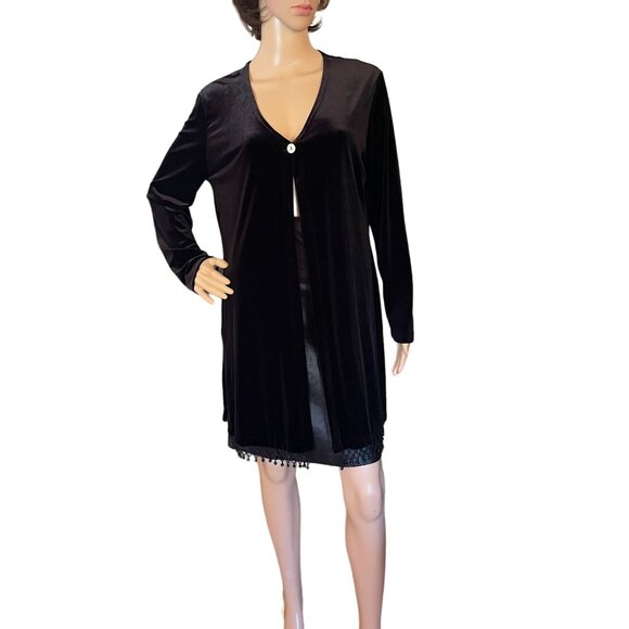 Glamorous Black Velvet Duster Cardigan Jacket With Single Button and Beaded Hem - Picture 1 of 9